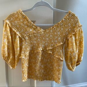 BB Dakota yellow floral smocked off shoulder top